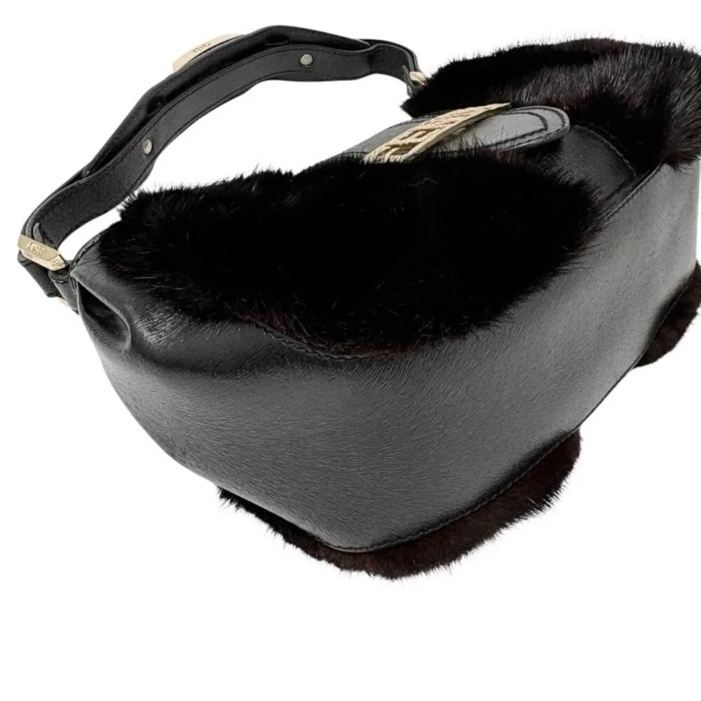 FENDI Vintage Logo Fur Baguette Mini Shoulder Bag Handbag Black Gold [106345] - Picture 7 of 13